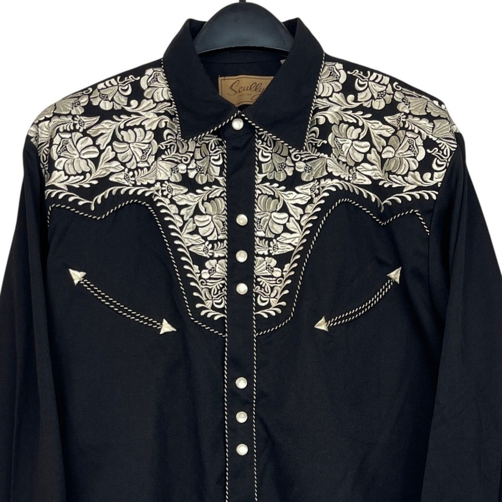 Scully Gunfighter Mens L Black Floral Embroidered Western Pearl Snap Rodeo Shirt